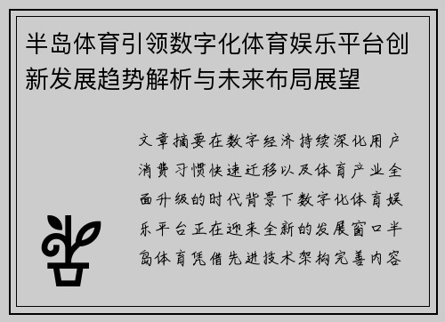 半岛体育引领数字化体育娱乐平台创新发展趋势解析与未来布局展望