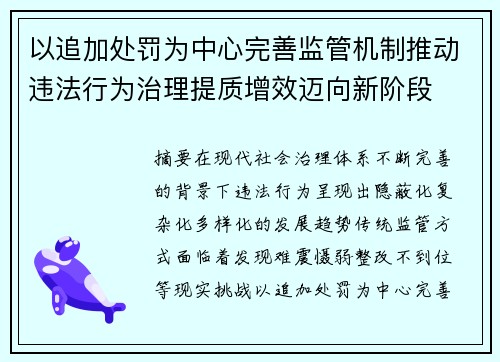 以追加处罚为中心完善监管机制推动违法行为治理提质增效迈向新阶段 以追加处罚为中心完善监管机制推动违法行为治理提质增效迈向新阶段