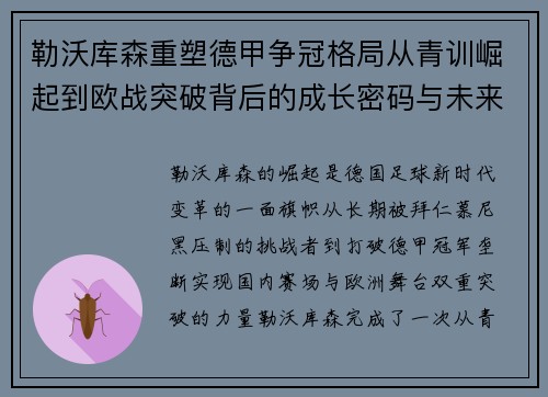 勒沃库森重塑德甲争冠格局从青训崛起到欧战突破背后的成长密码与未来蓝图 勒沃库森重塑德甲争冠格局从青训崛起到欧战突破背后的成长密码与未来蓝图